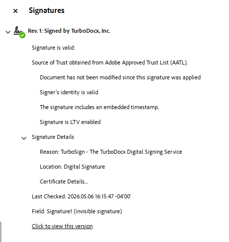 TurboSign signed PDF with green checkmark in Adobe Acrobat confirming signature validity