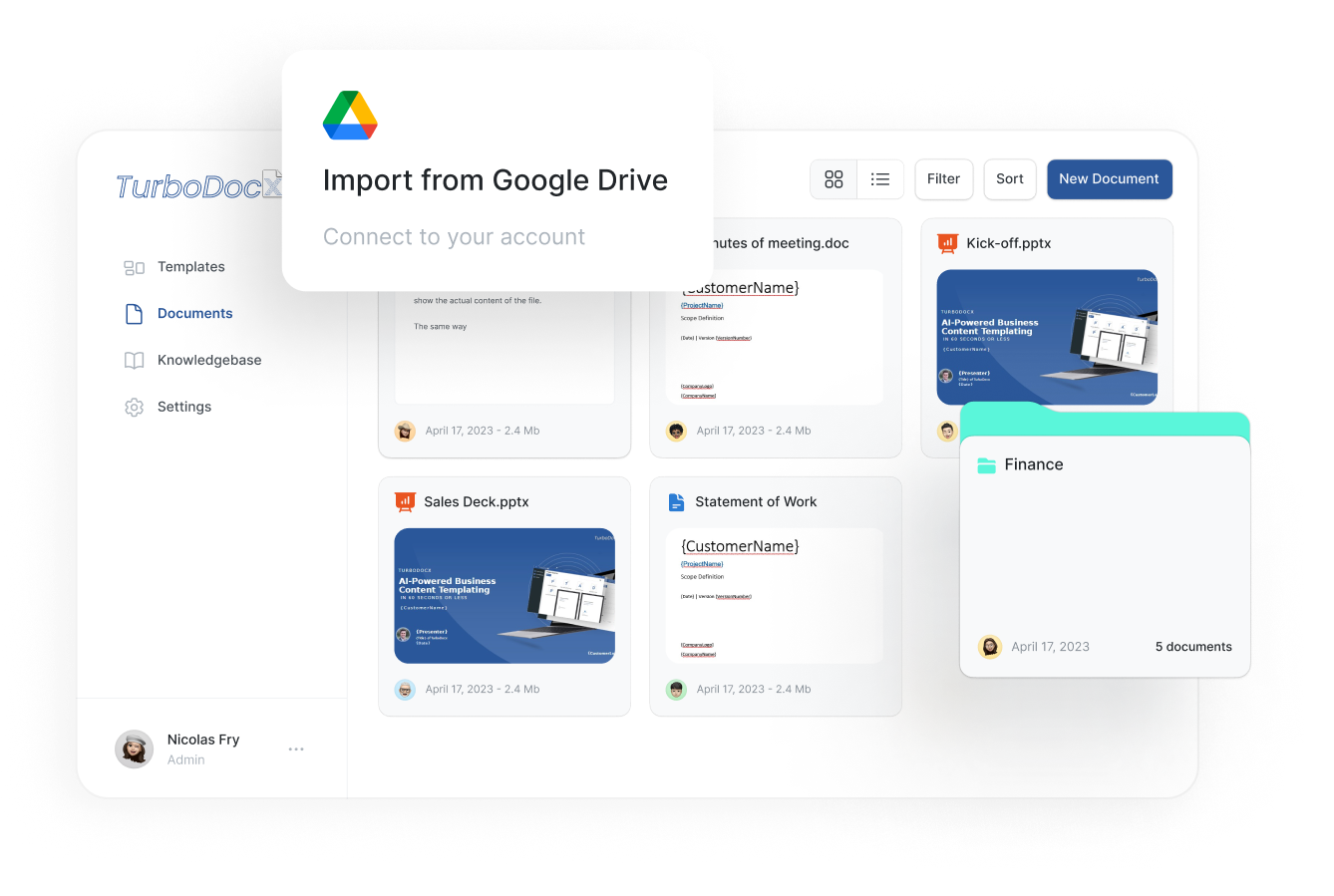 TurboDocx Templating interface showing document creation workflow